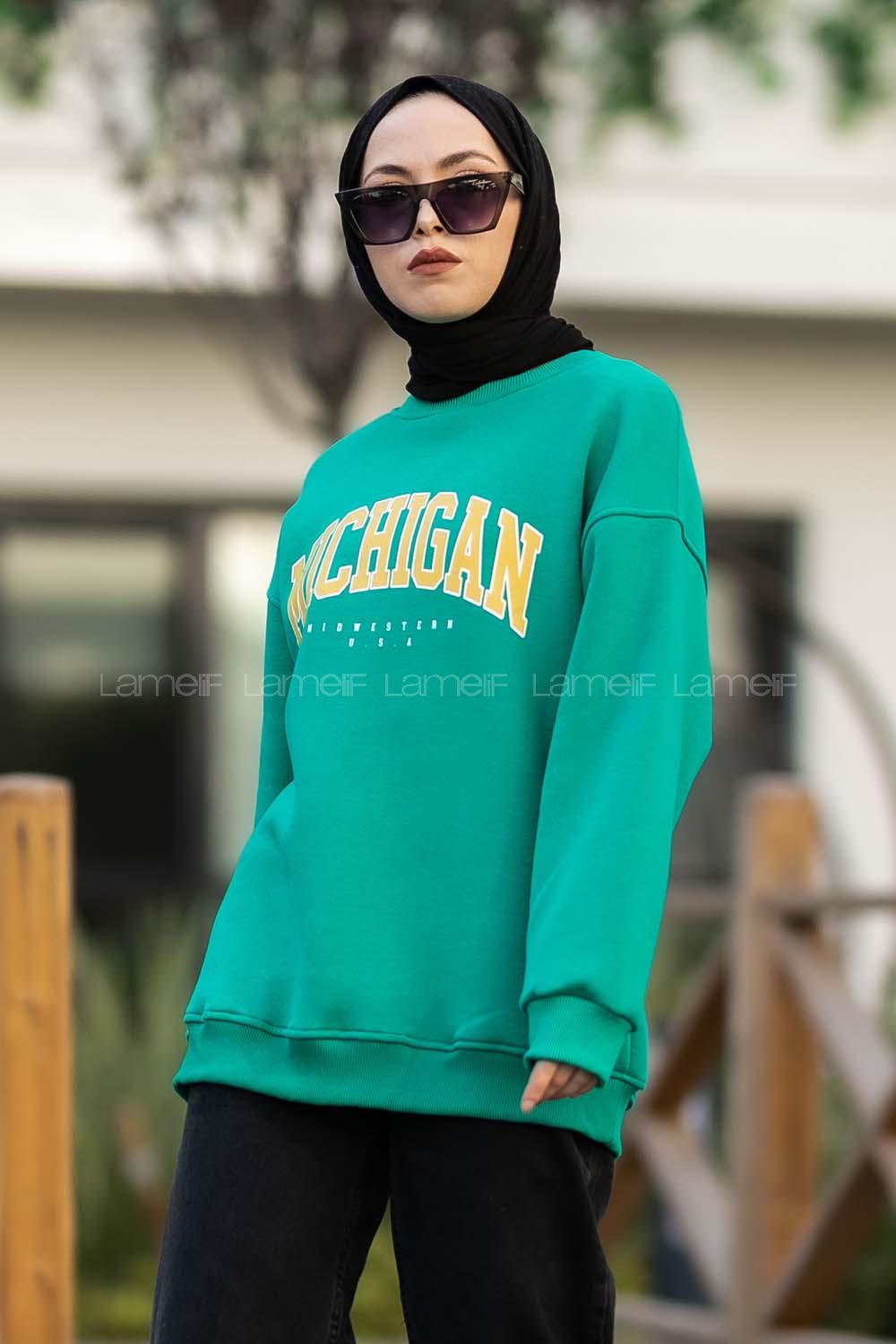 Modalamelif Bisiklet Yaka Mıchıgan Baskılı Sweat Zümrüt