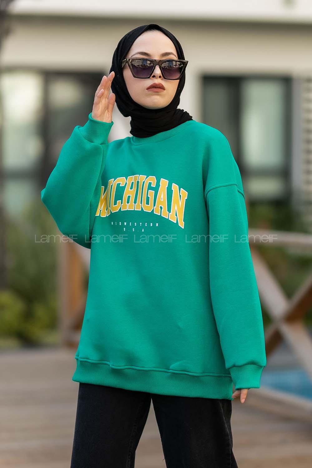 Modalamelif Bisiklet Yaka Mıchıgan Baskılı Sweat Zümrüt
