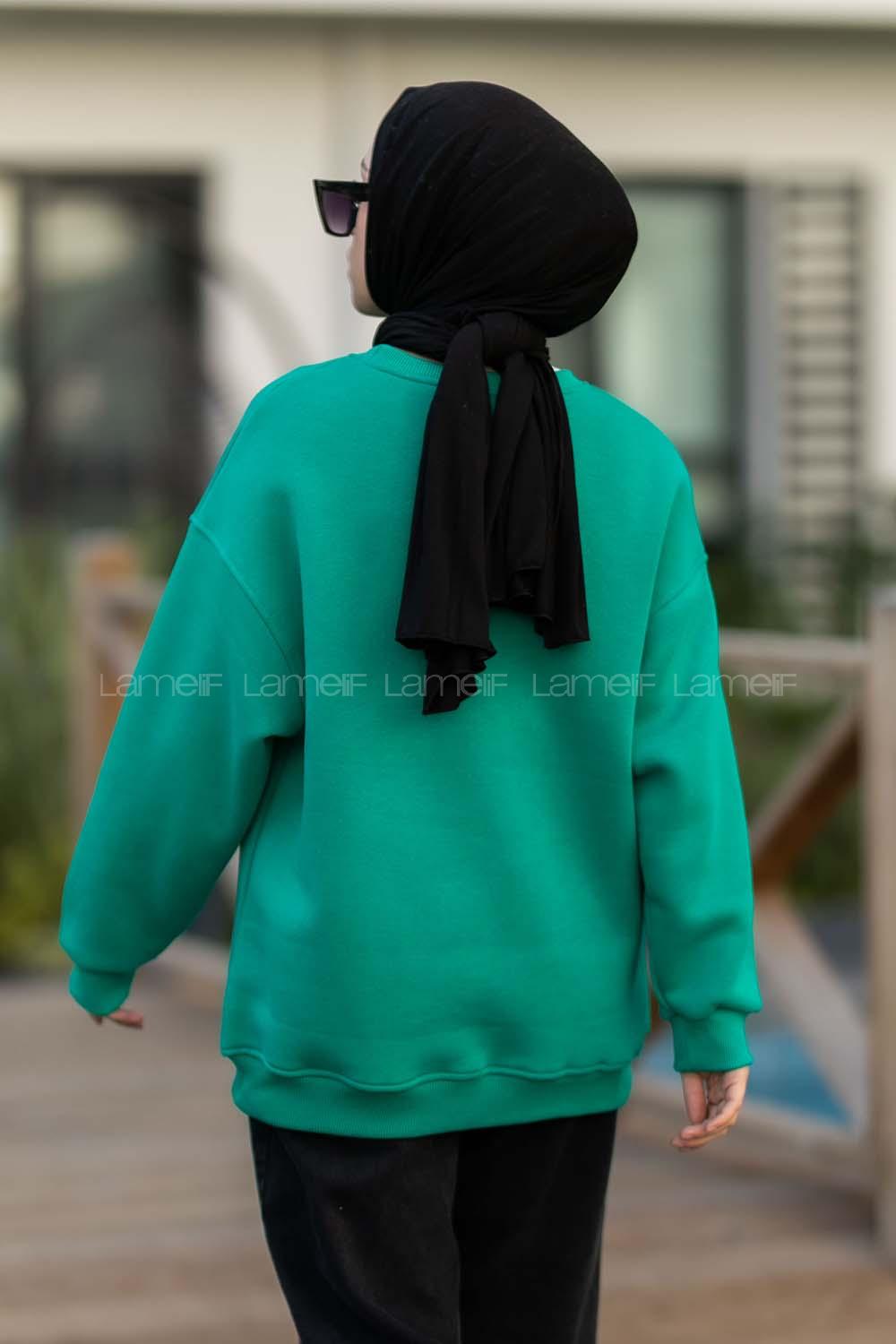 Modalamelif Bisiklet Yaka Mıchıgan Baskılı Sweat Zümrüt