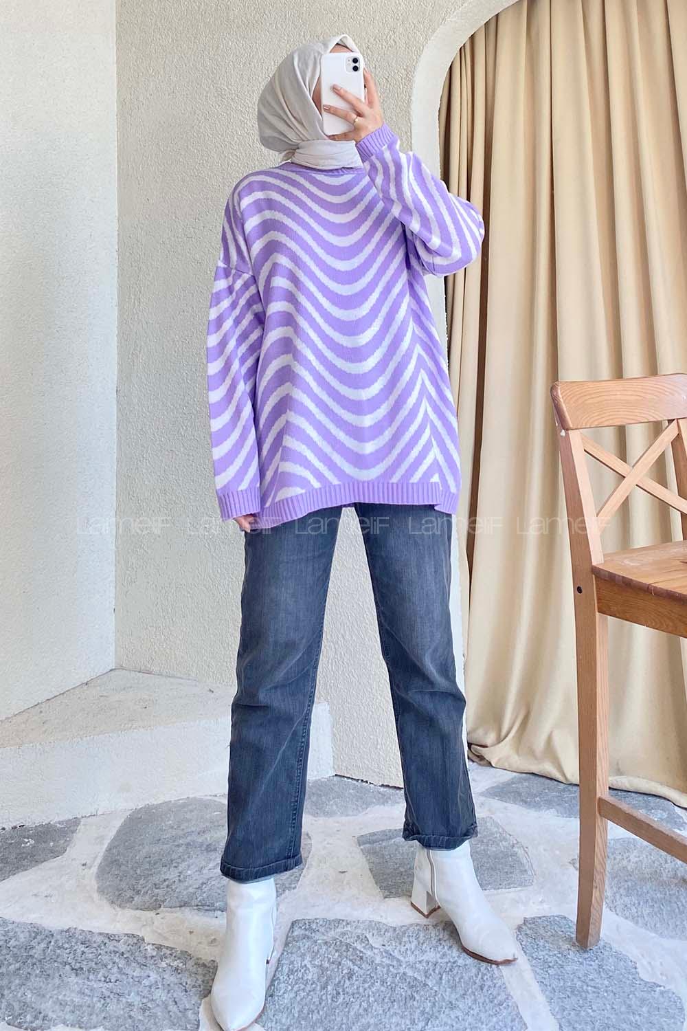 Modalamelif Bisiklet Yaka Salaş Dalga Triko Kazak Lila