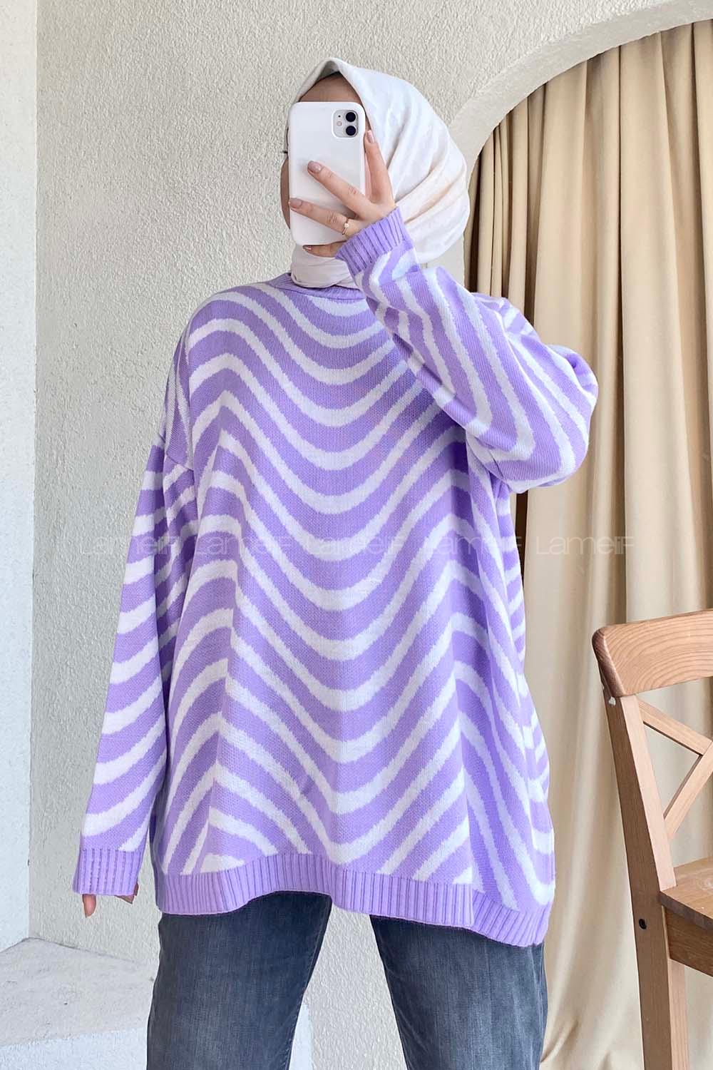 Modalamelif Bisiklet Yaka Salaş Dalga Triko Kazak Lila