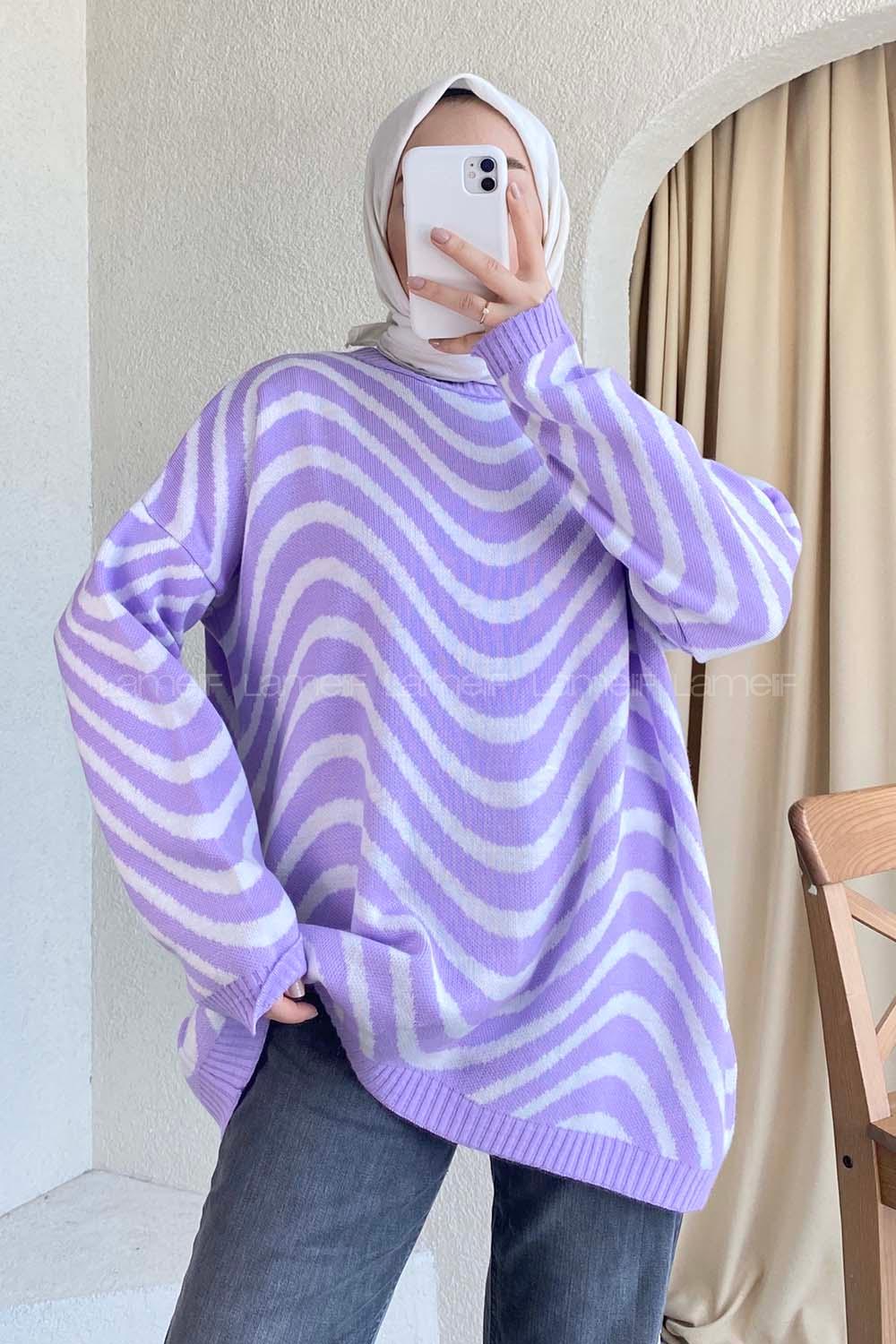 Modalamelif Bisiklet Yaka Salaş Dalga Triko Kazak Lila