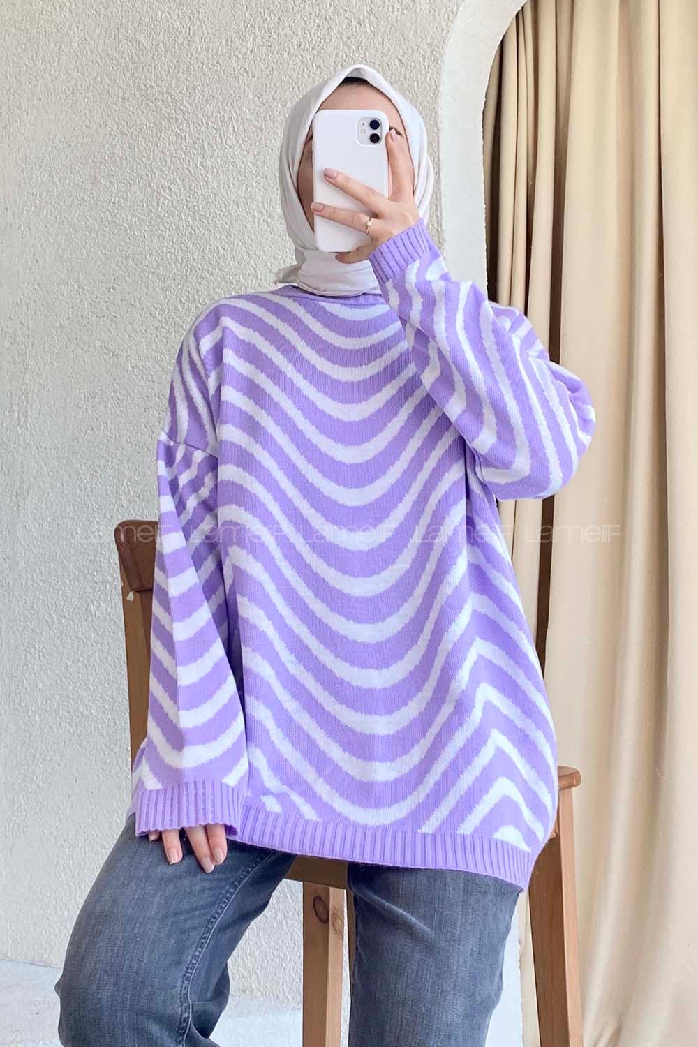 Modalamelif Bisiklet Yaka Salaş Dalga Triko Kazak Lila