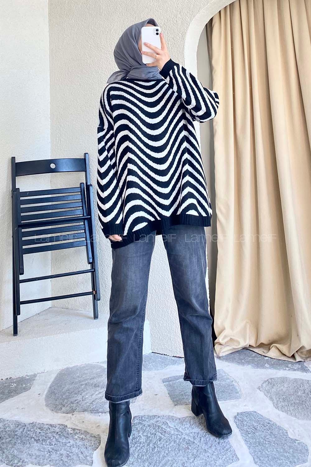 Modalamelif Bisiklet Yaka Salaş Dalga Triko Kazak Siyah