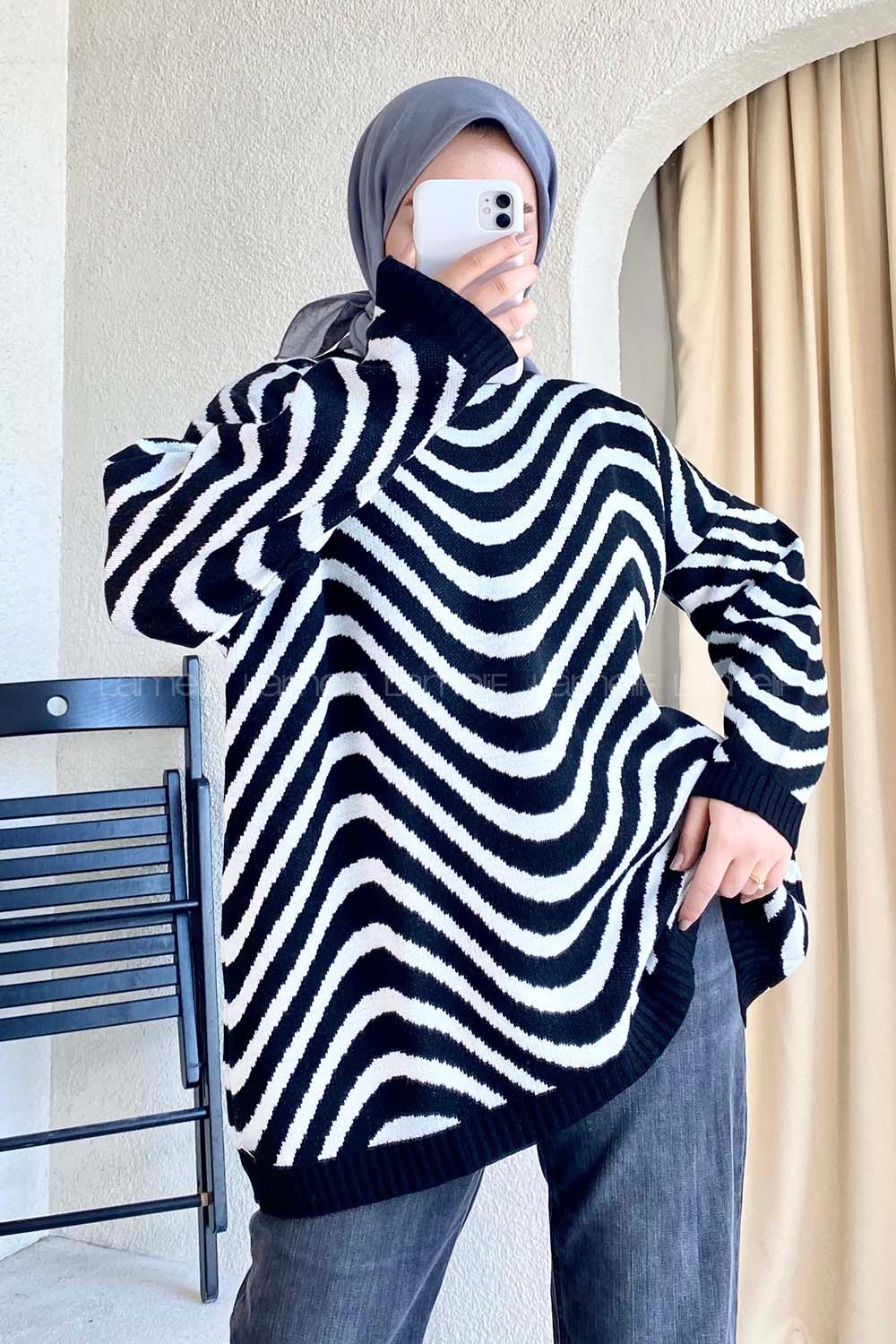 Modalamelif Bisiklet Yaka Salaş Dalga Triko Kazak Siyah