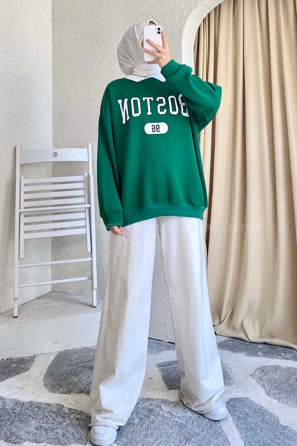 Modalamelif Boston Yazı Baskılı Polo Yaka Sweat Zümrüt