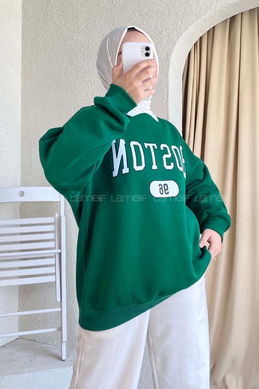 Modalamelif Boston Yazı Baskılı Polo Yaka Sweat Zümrüt