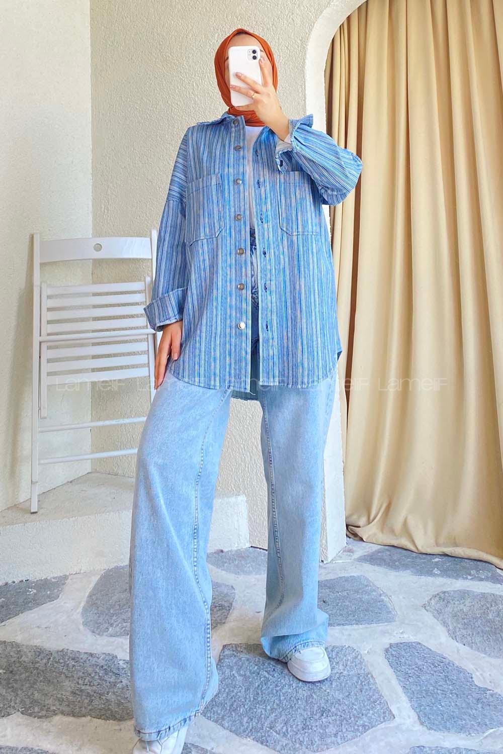 Modalamelif Çizgi Desenli Çift Cepli Gömlek Mavi