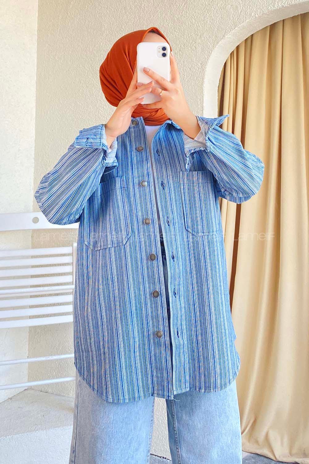 Modalamelif Çizgi Desenli Çift Cepli Gömlek Mavi