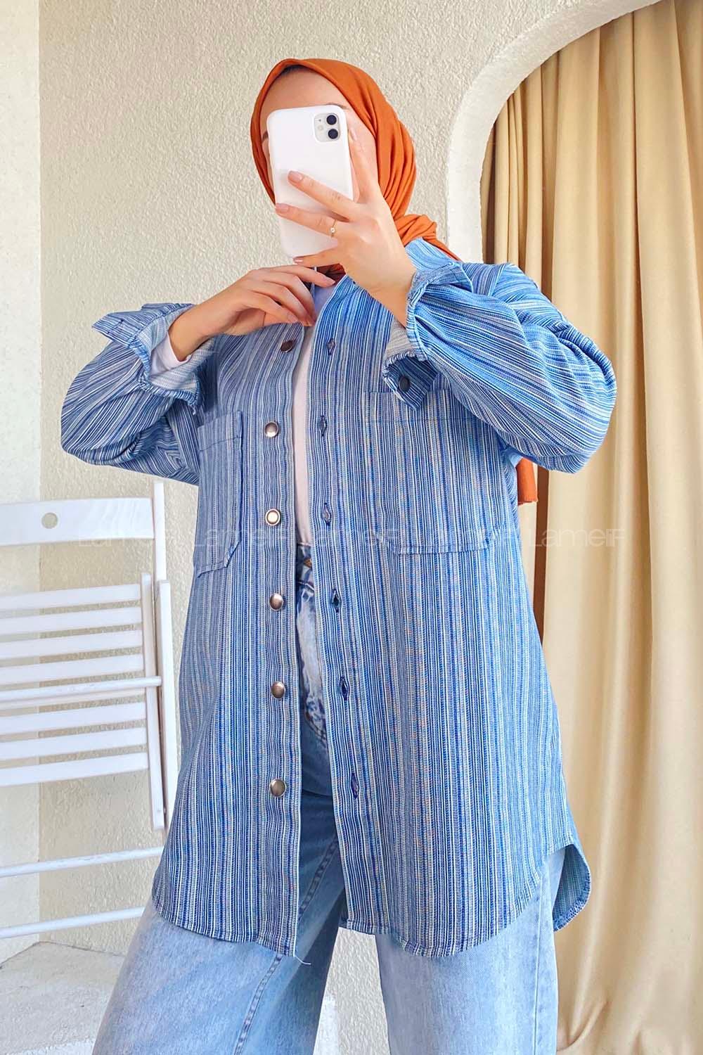 Modalamelif Çizgi Desenli Çift Cepli Gömlek Mavi