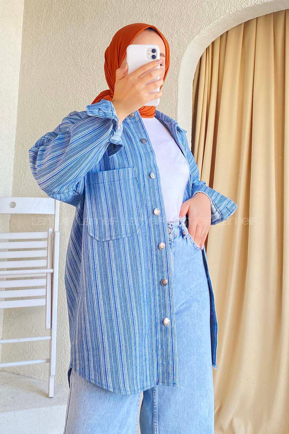 Modalamelif Çizgi Desenli Çift Cepli Gömlek Mavi