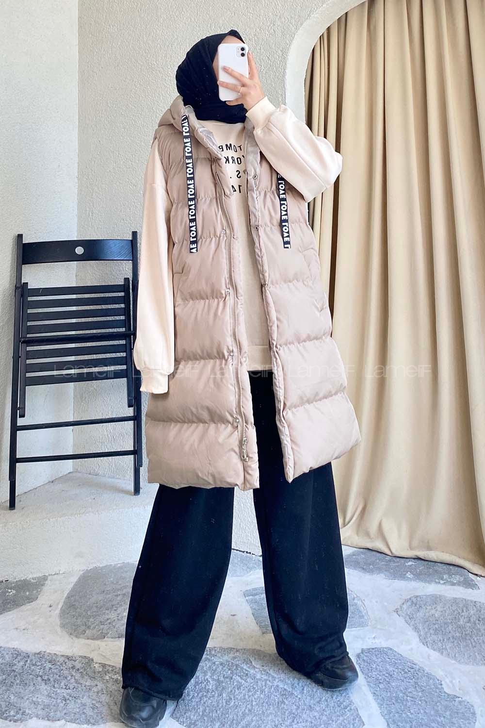 Modalamelif Kapüşonlu Çift Cepli Fermuarlı Şişme Mont Yelek Bej