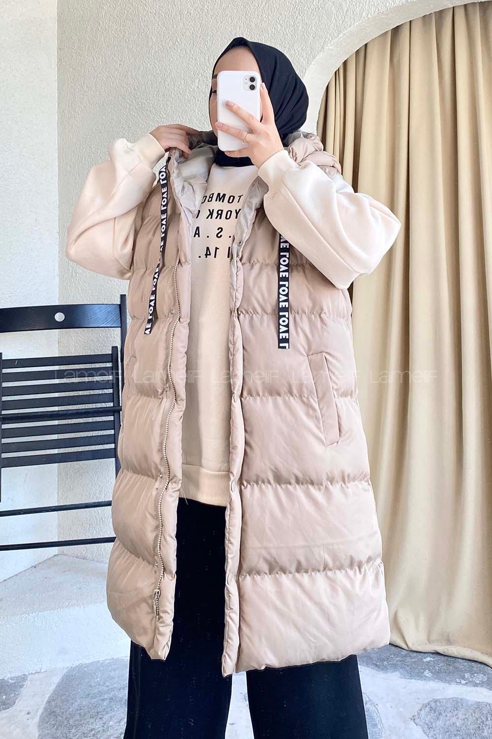 Modalamelif Kapüşonlu Çift Cepli Fermuarlı Şişme Mont Yelek Bej