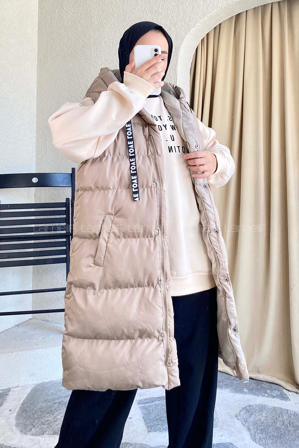 Modalamelif Kapüşonlu Çift Cepli Fermuarlı Şişme Mont Yelek Bej