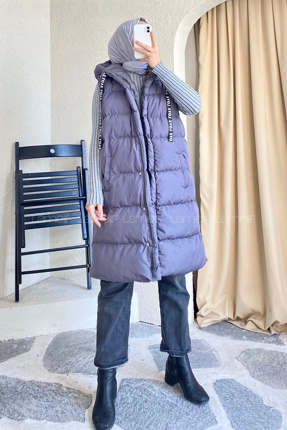 üşonlu Çift Cepli Fermuarlı Şişme Mont Yelek Gri