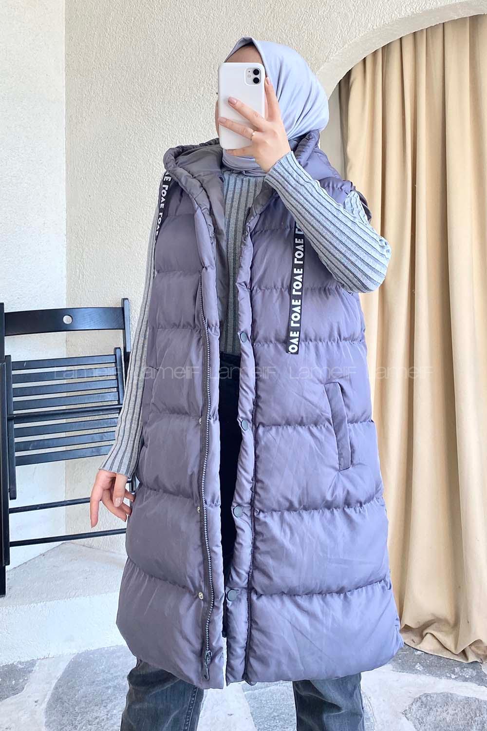 üşonlu Çift Cepli Fermuarlı Şişme Mont Yelek Gri