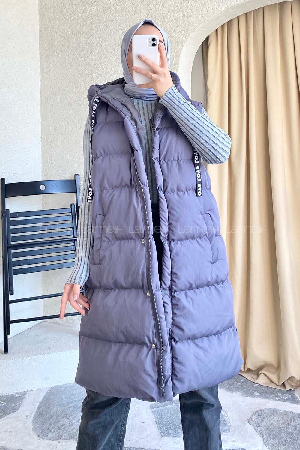 üşonlu Çift Cepli Fermuarlı Şişme Mont Yelek Gri