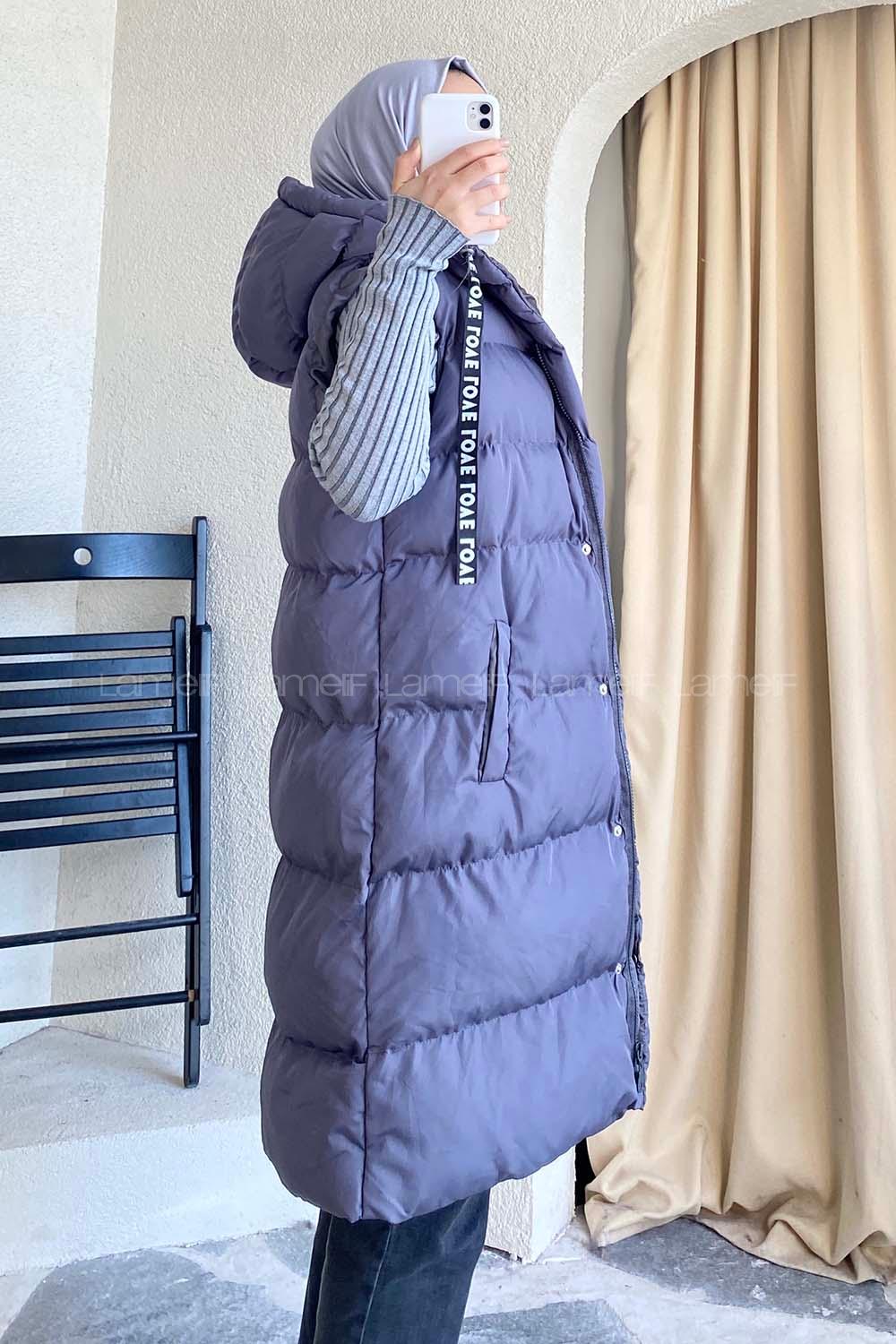 üşonlu Çift Cepli Fermuarlı Şişme Mont Yelek Gri