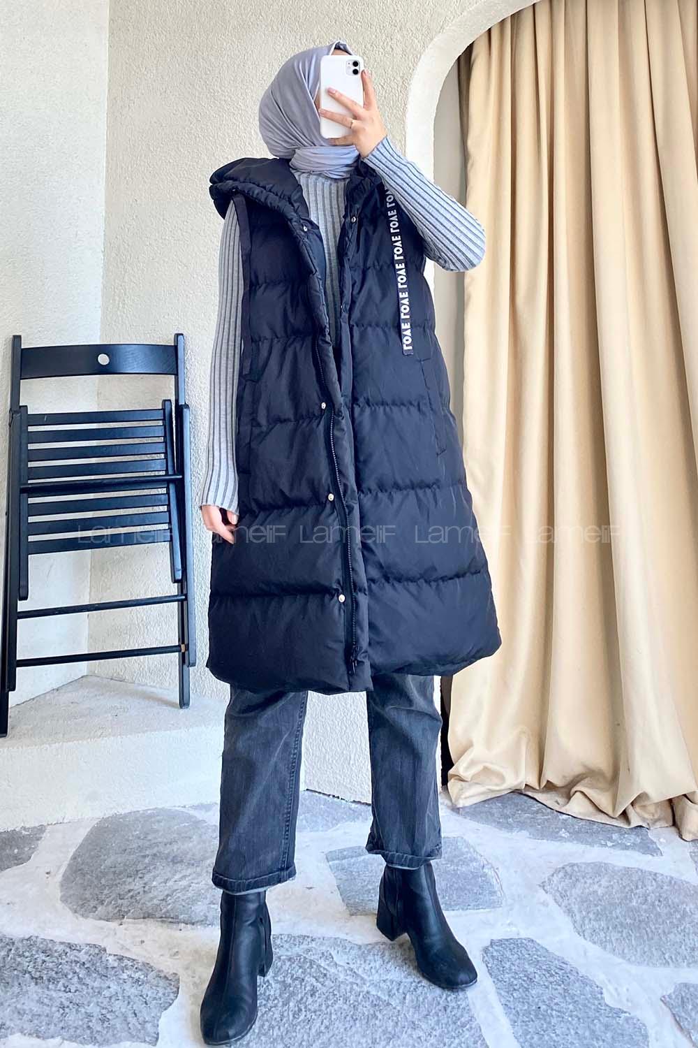 püşonlu Çift Cepli Fermuarlı Şişme Mont Yelek Siyah