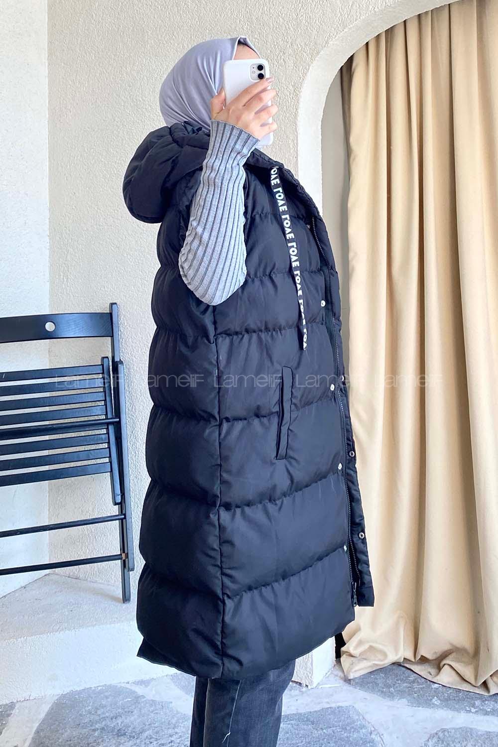 püşonlu Çift Cepli Fermuarlı Şişme Mont Yelek Siyah