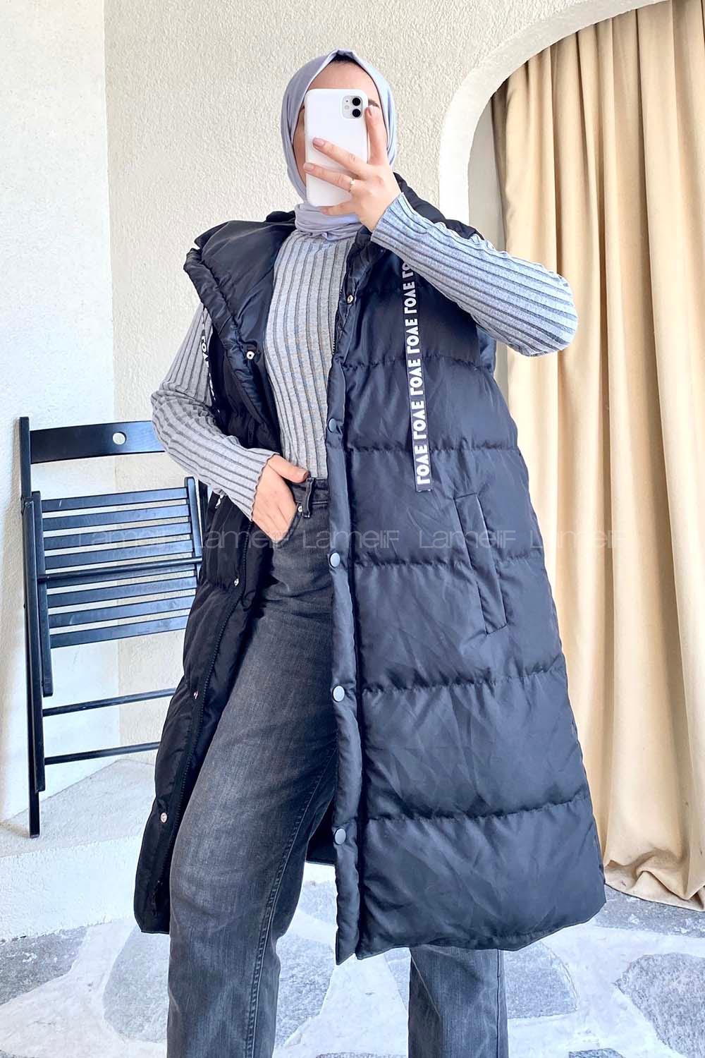 püşonlu Çift Cepli Fermuarlı Şişme Mont Yelek Siyah