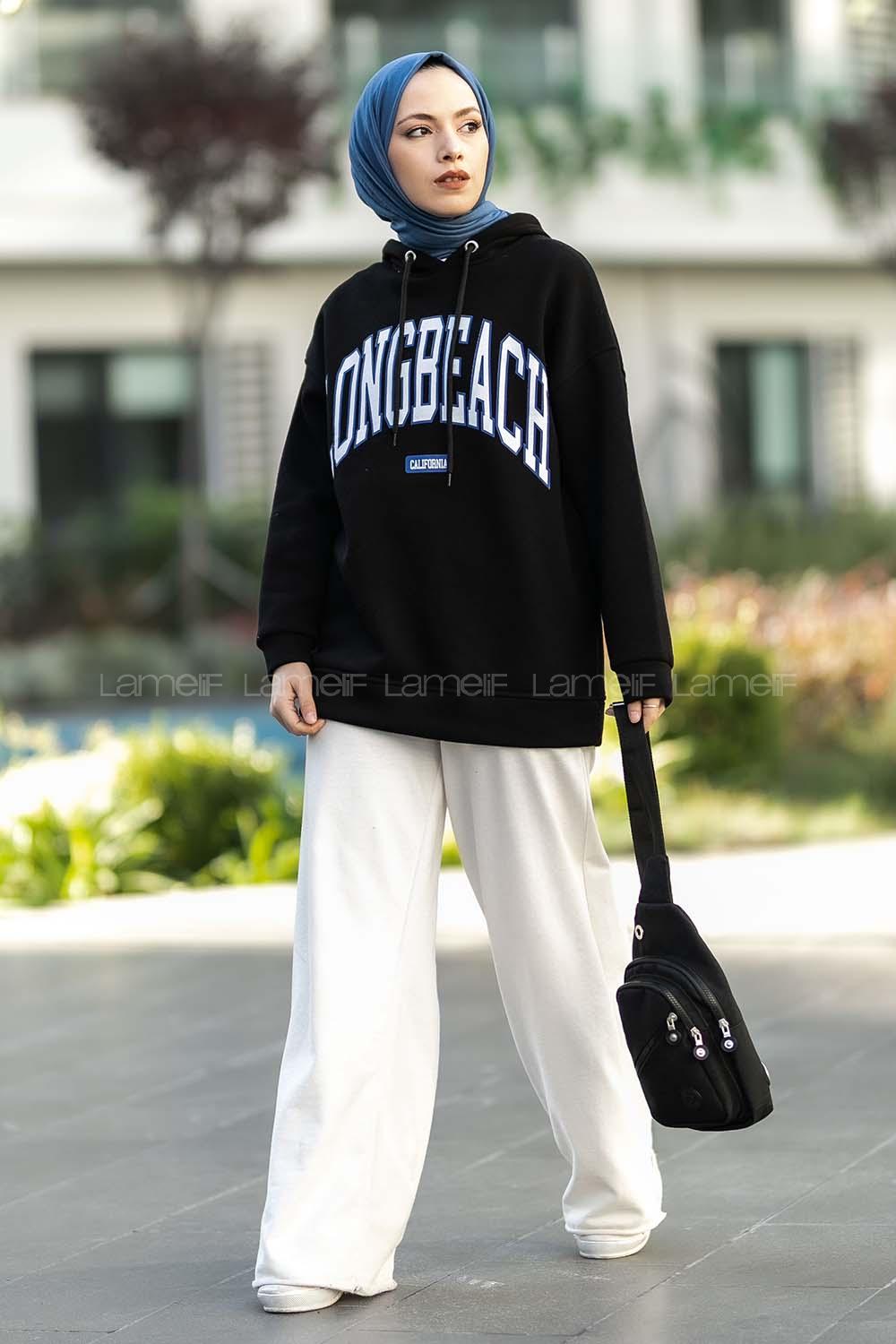 Modalamelif Kapüşonlu Detaylı Yazı Baskılı Sweat Siyah