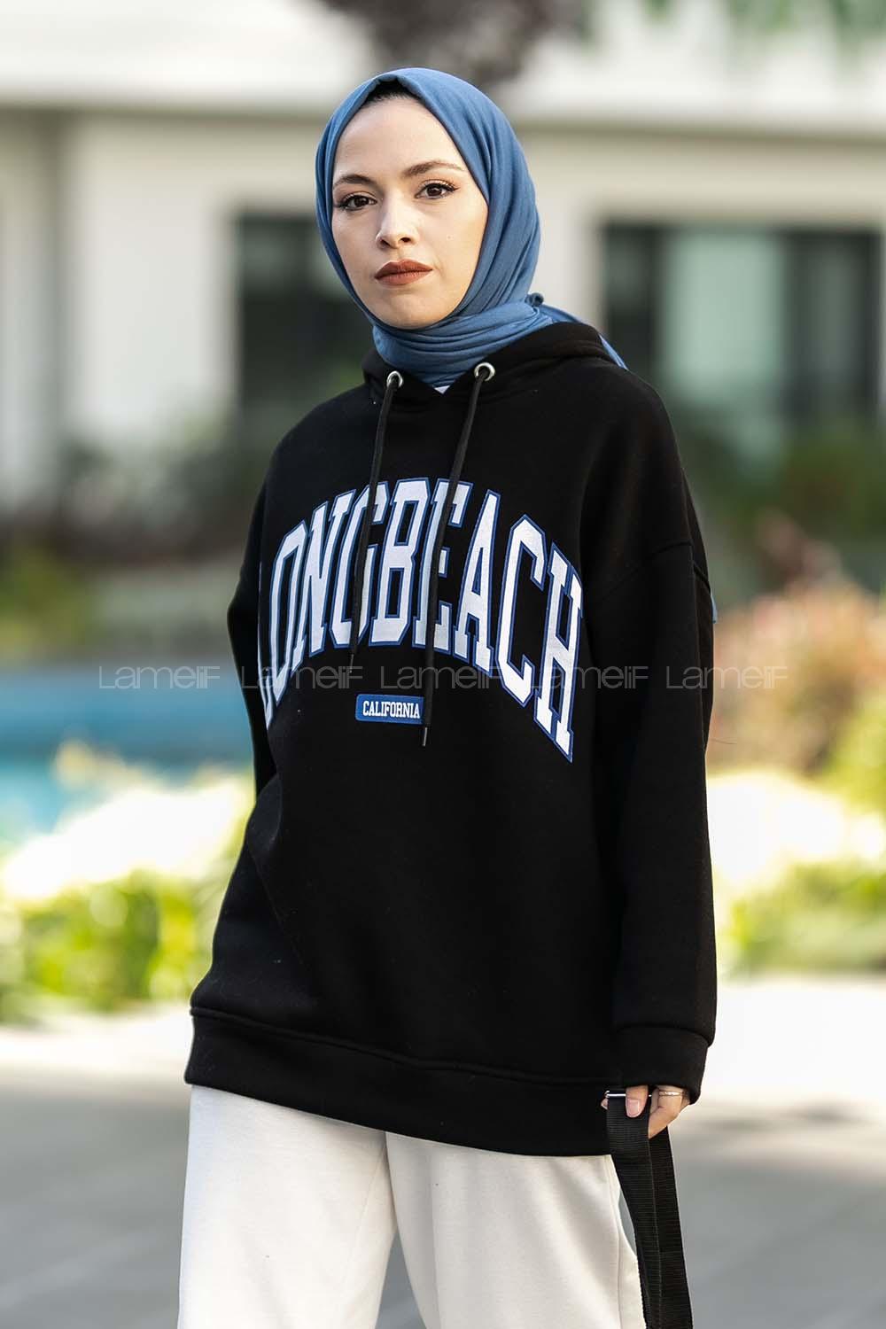 Modalamelif Kapüşonlu Detaylı Yazı Baskılı Sweat Siyah