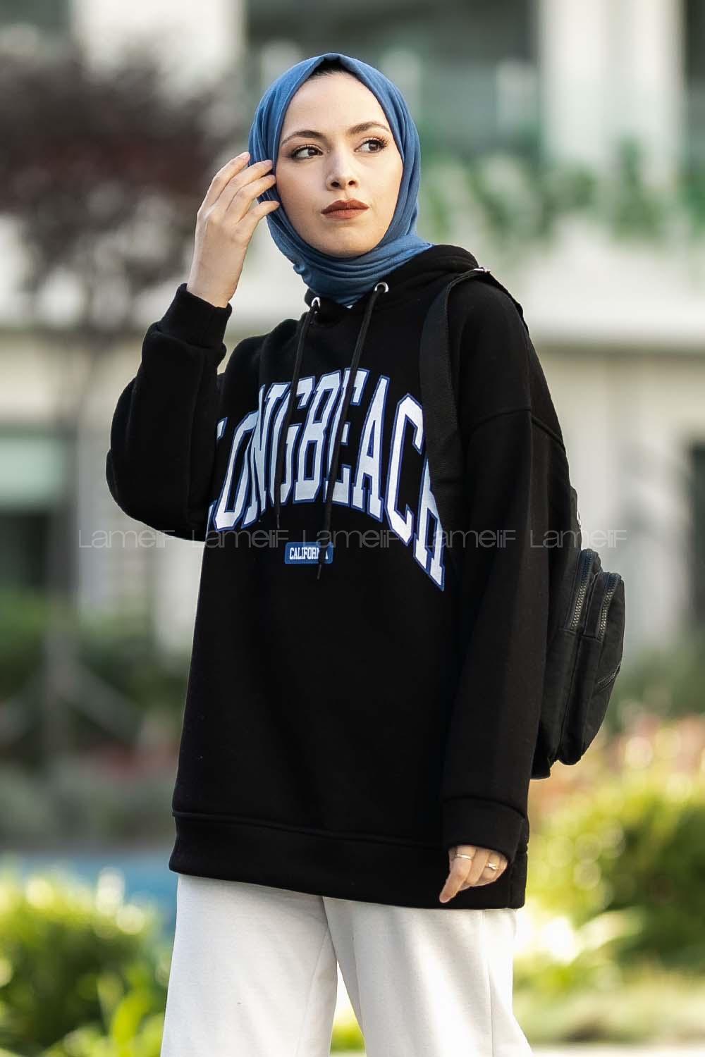 Modalamelif Kapüşonlu Detaylı Yazı Baskılı Sweat Siyah