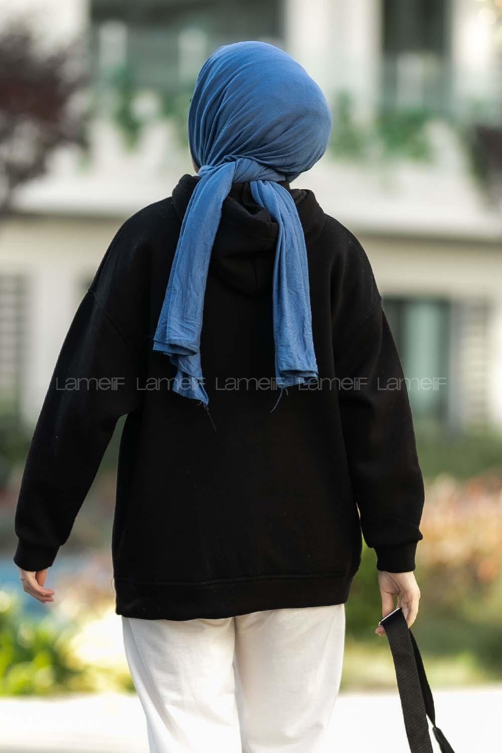 Modalamelif Kapüşonlu Detaylı Yazı Baskılı Sweat Siyah