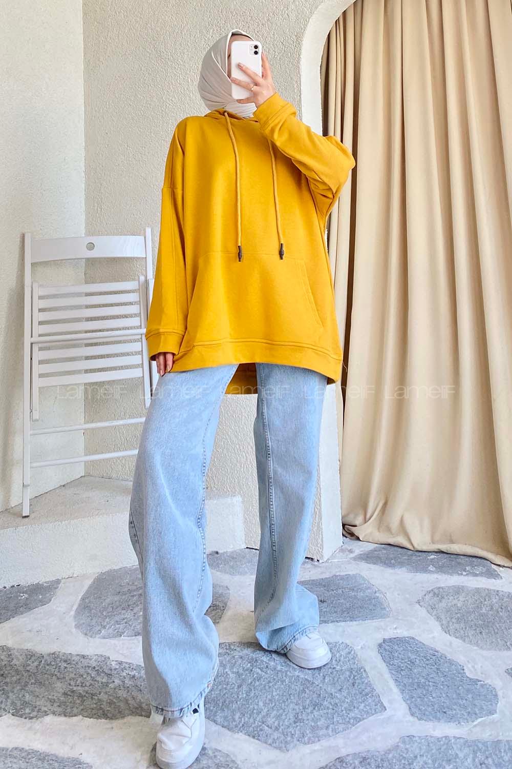 Modalamelif Kapüşonlu Kanguru Cepli Salaş Sweat Hardal