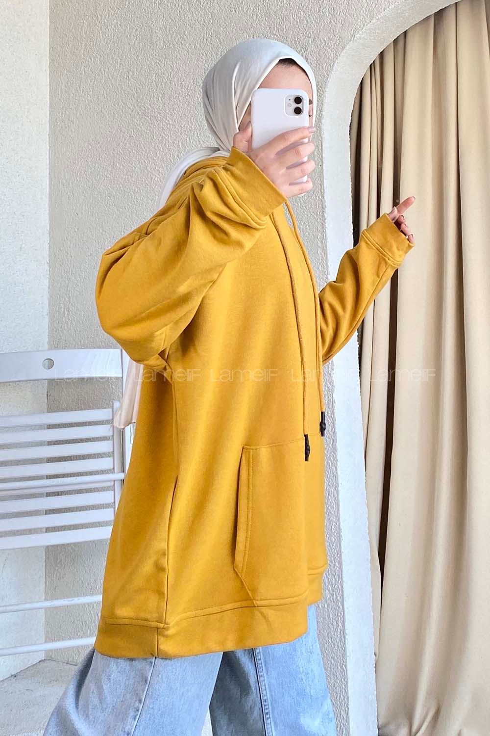 Modalamelif Kapüşonlu Kanguru Cepli Salaş Sweat Hardal