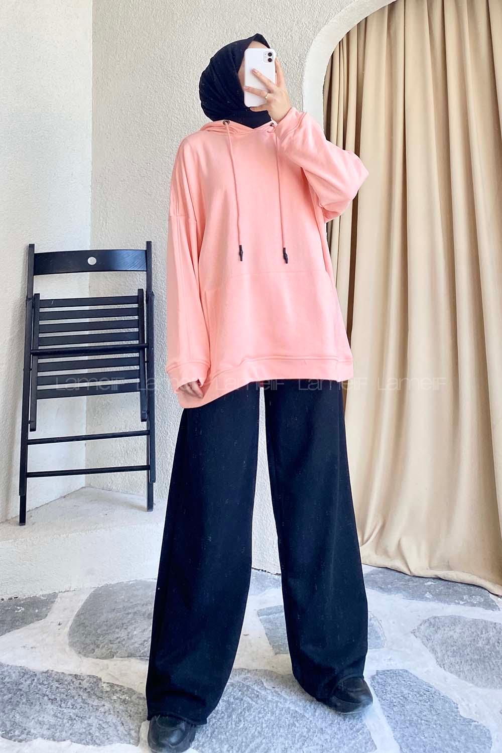 Modalamelif Kapüşonlu Kanguru Cepli Salaş Sweat Pudra