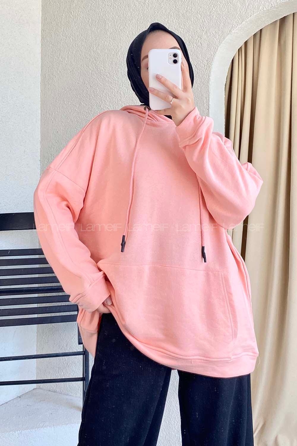 Modalamelif Kapüşonlu Kanguru Cepli Salaş Sweat Pudra