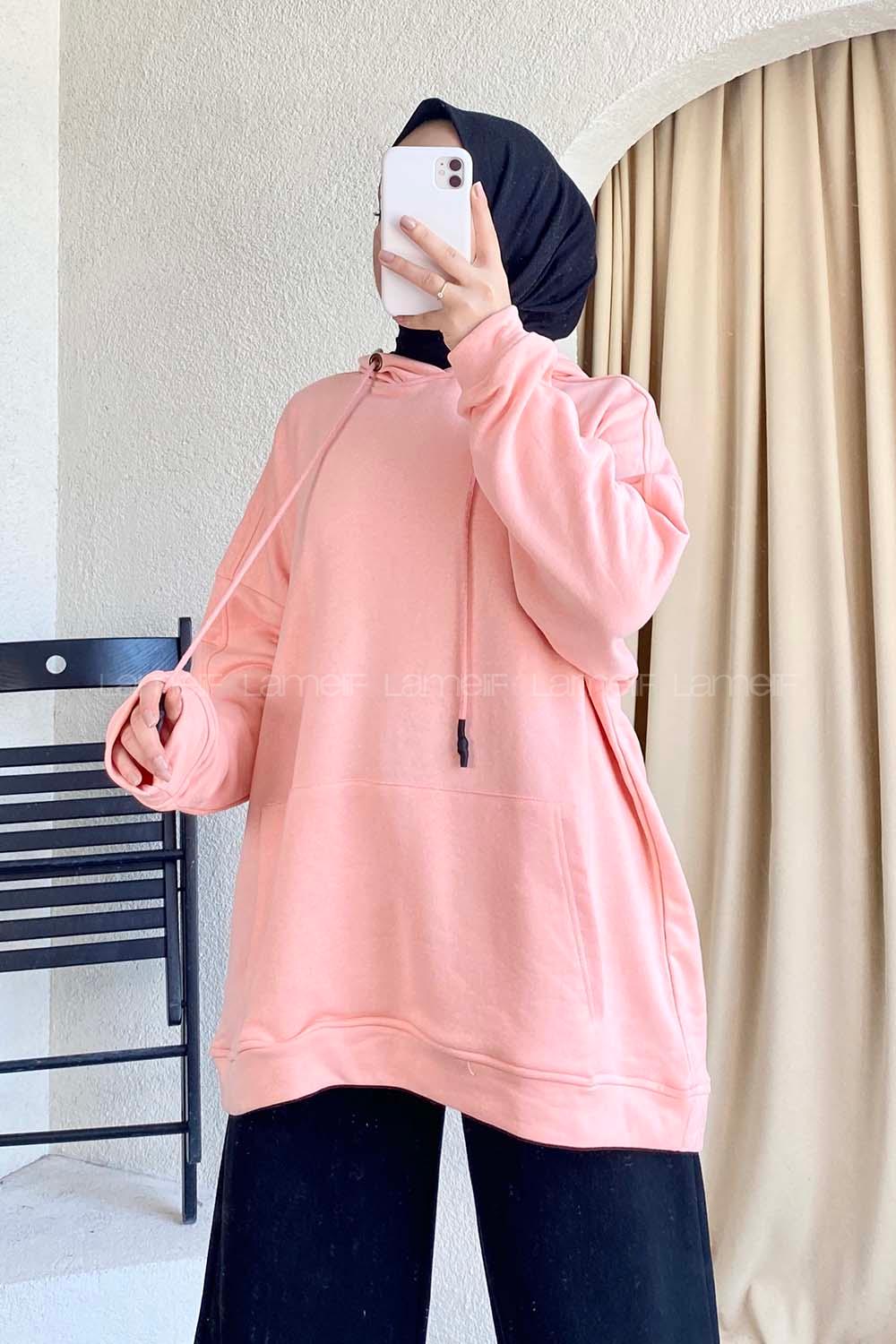 Modalamelif Kapüşonlu Kanguru Cepli Salaş Sweat Pudra