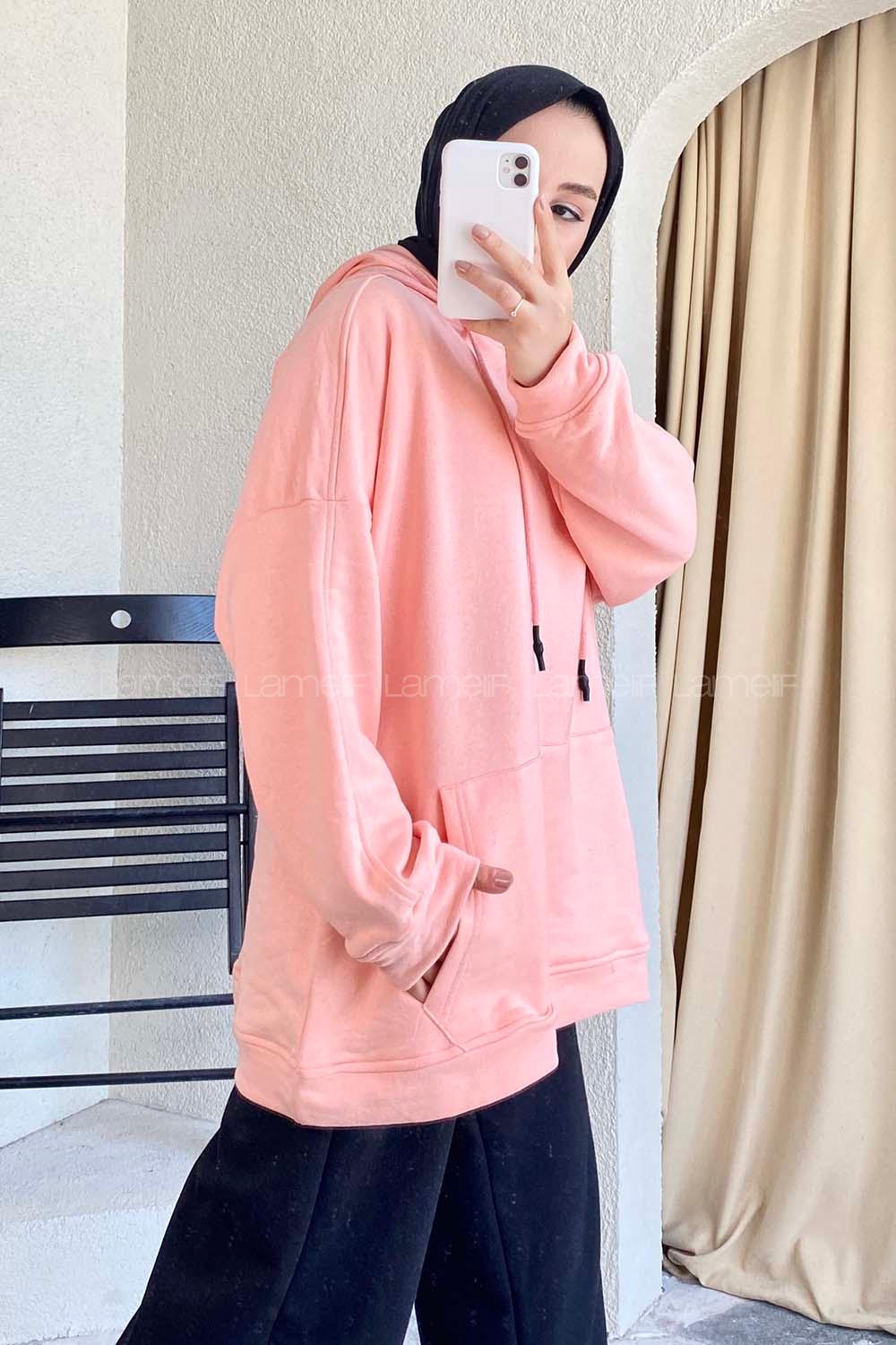 Modalamelif Kapüşonlu Kanguru Cepli Salaş Sweat Pudra