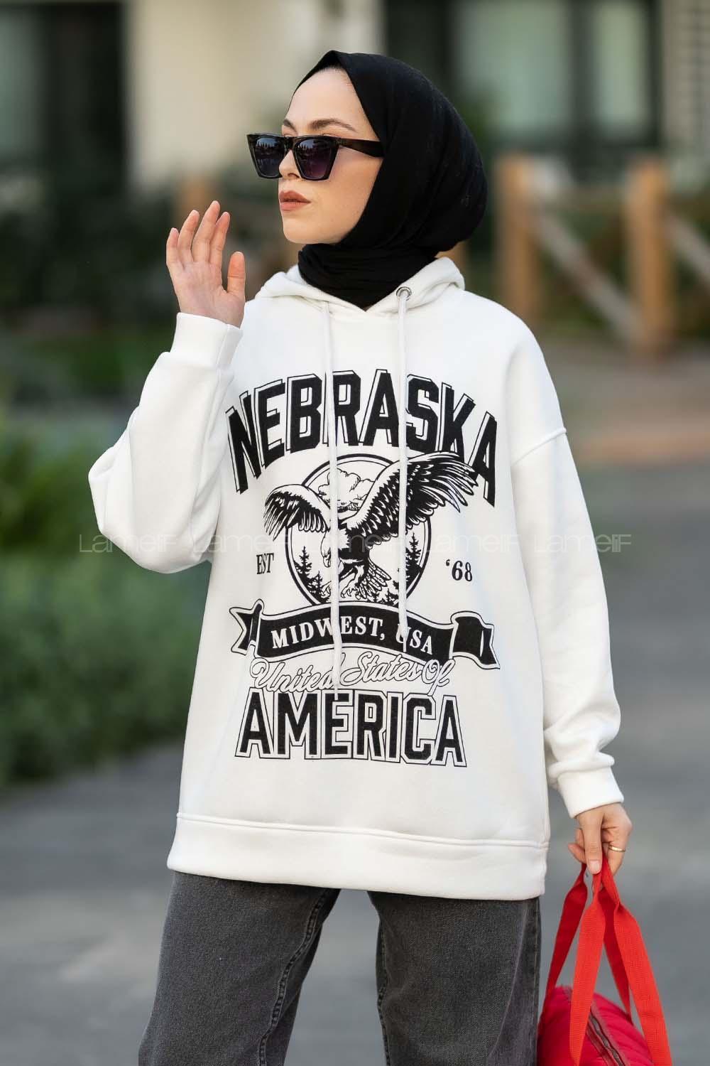 Modalamelif Kapüşonlu Nebraska Baskılı Sweat Beyaz