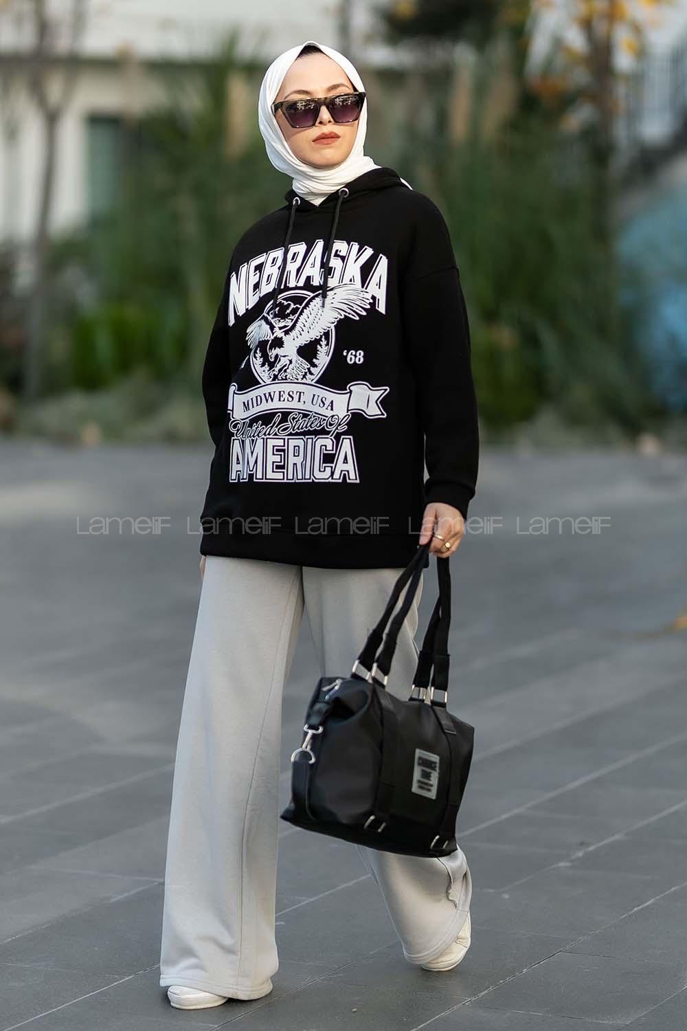 Modalamelif Kapüşonlu Nebraska Baskılı Sweat Siyah