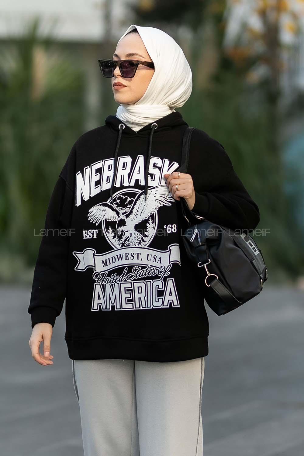 Modalamelif Kapüşonlu Nebraska Baskılı Sweat Siyah