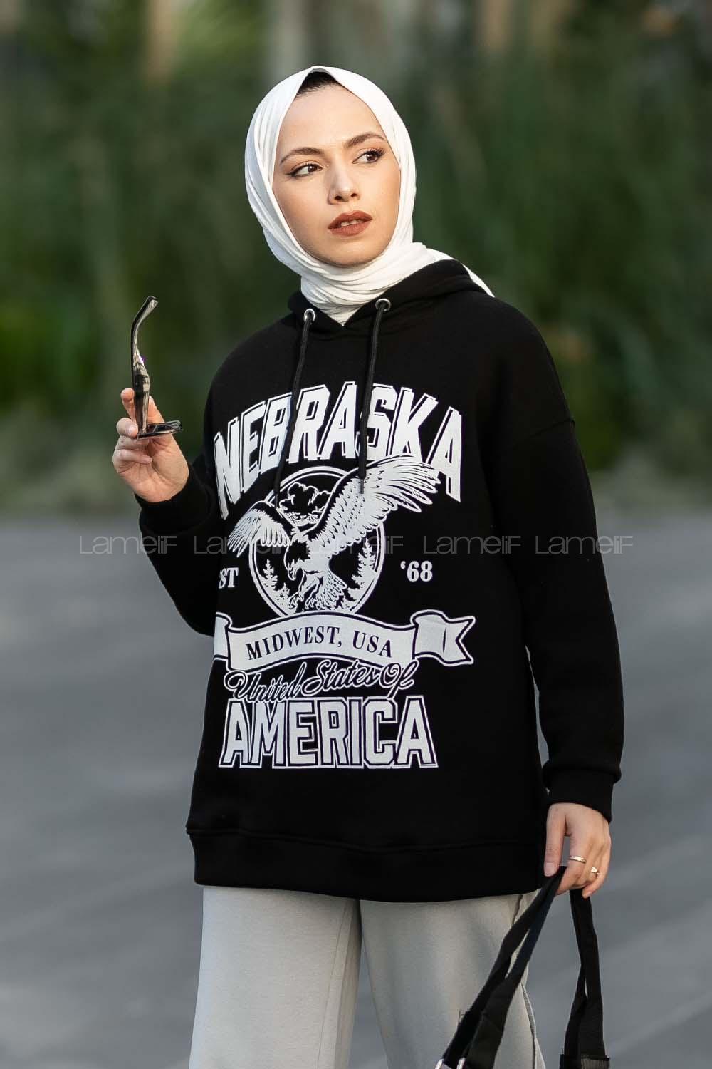 Modalamelif Kapüşonlu Nebraska Baskılı Sweat Siyah