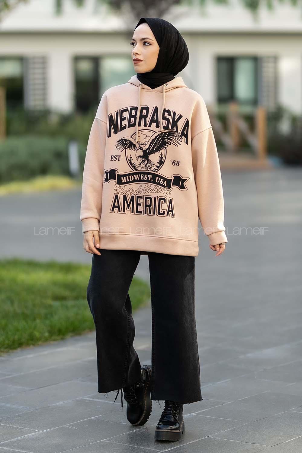 Modalamelif Kapüşonlu Nebraska Baskılı Sweat Sütlükahve