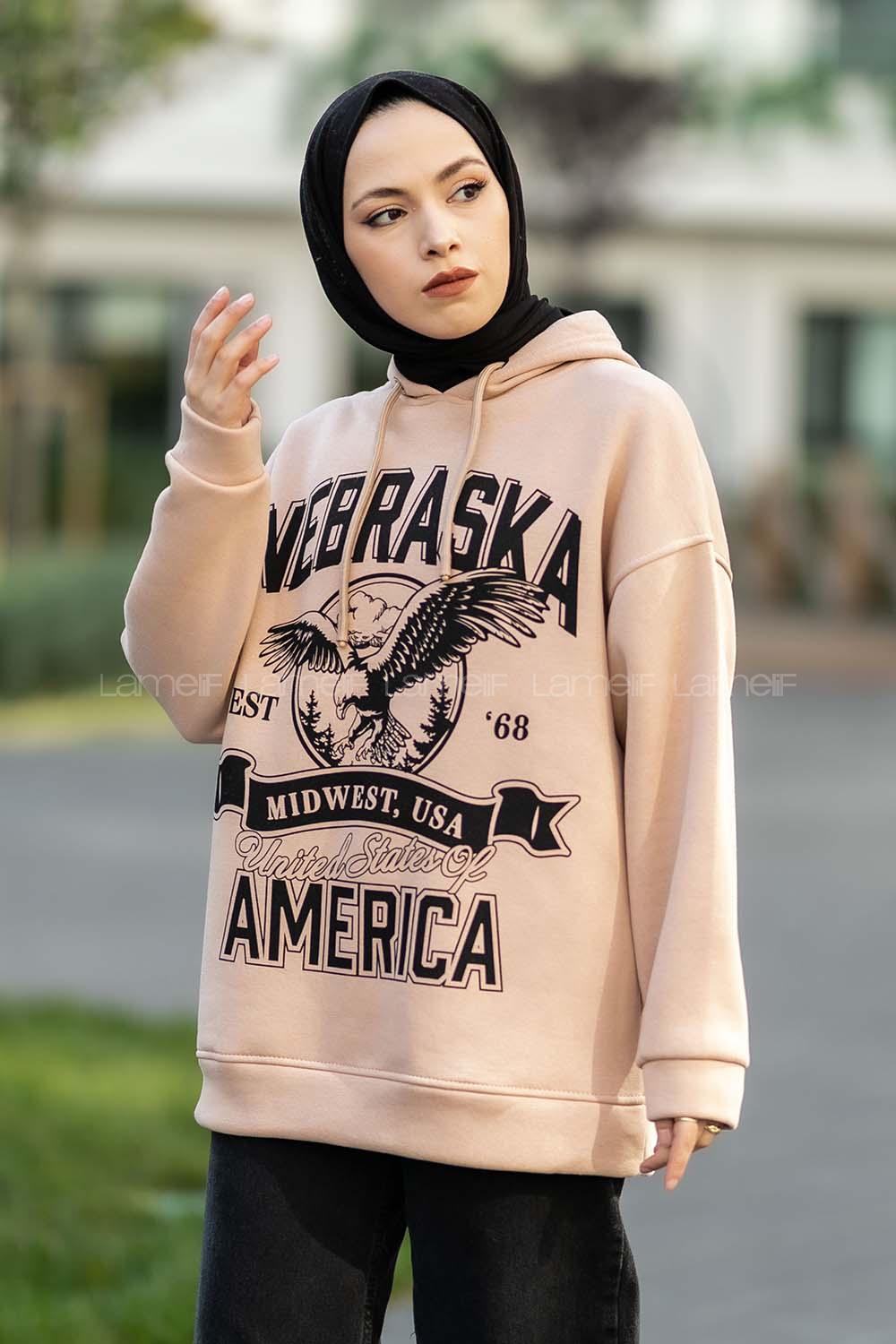 Modalamelif Kapüşonlu Nebraska Baskılı Sweat Sütlükahve