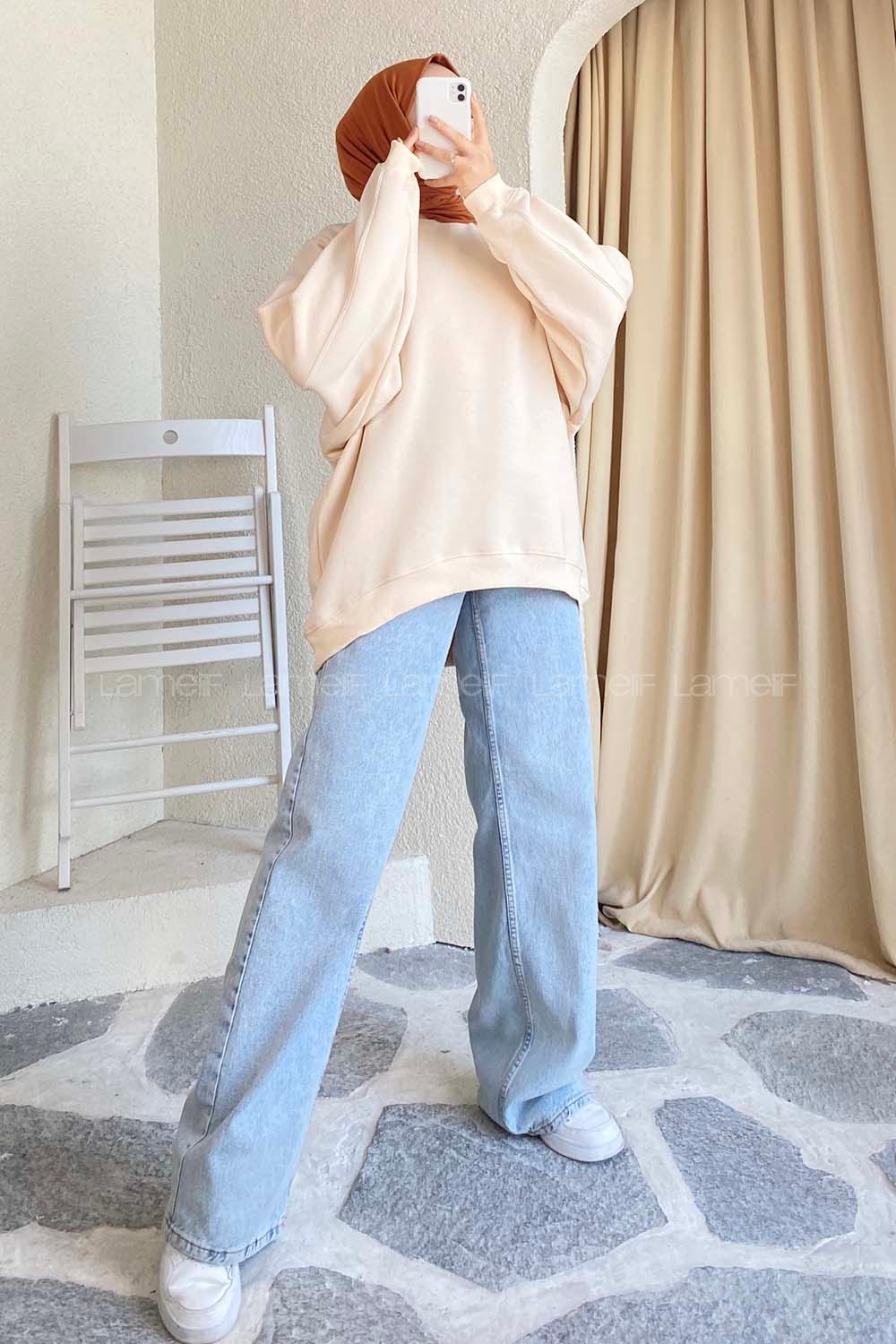 Modalamelif Yarım Balıkçı Yaka Salaş Sweat Krem