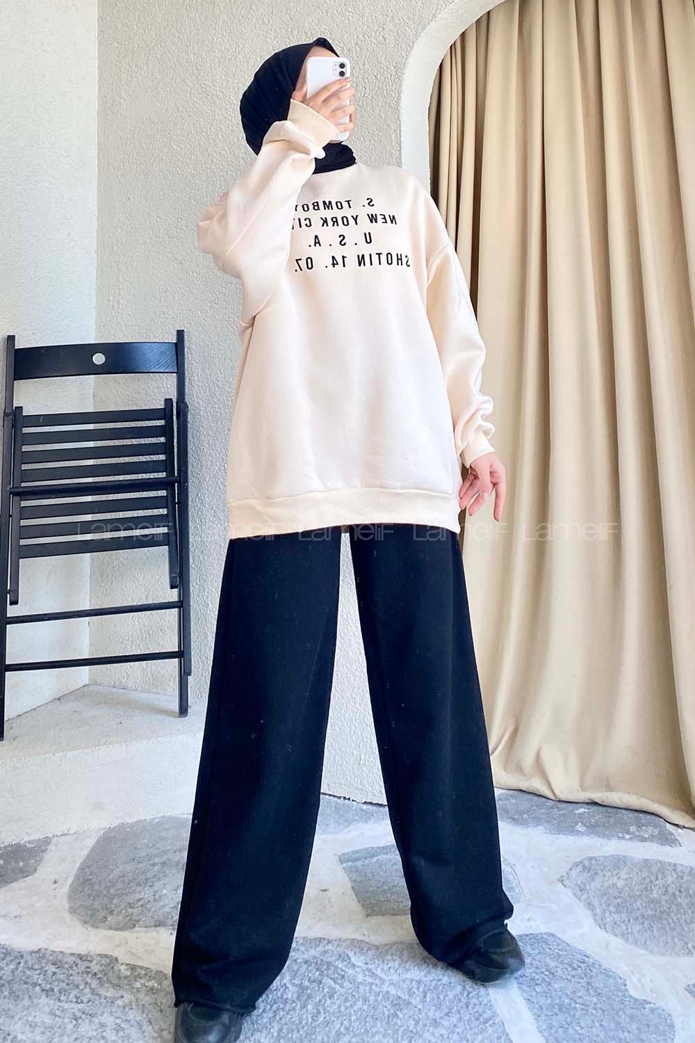 Modalamelif Yarım Balıkçı Yaka Yazı Baskılı Salaş Sweat Krem