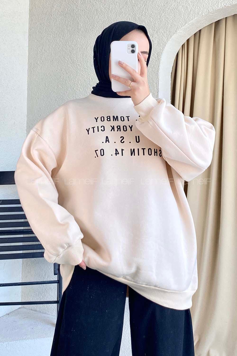 Modalamelif Yarım Balıkçı Yaka Yazı Baskılı Salaş Sweat Krem