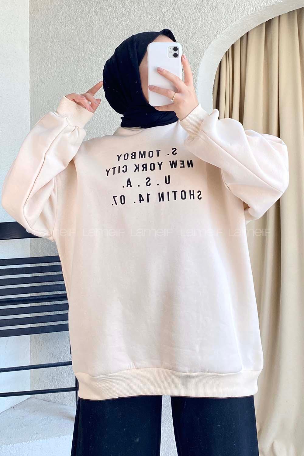 Modalamelif Yarım Balıkçı Yaka Yazı Baskılı Salaş Sweat Krem