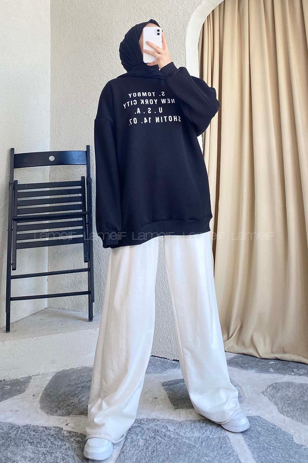 Modalamelif Yarım Balıkçı Yaka Yazı Baskılı Salaş Sweat Siyah