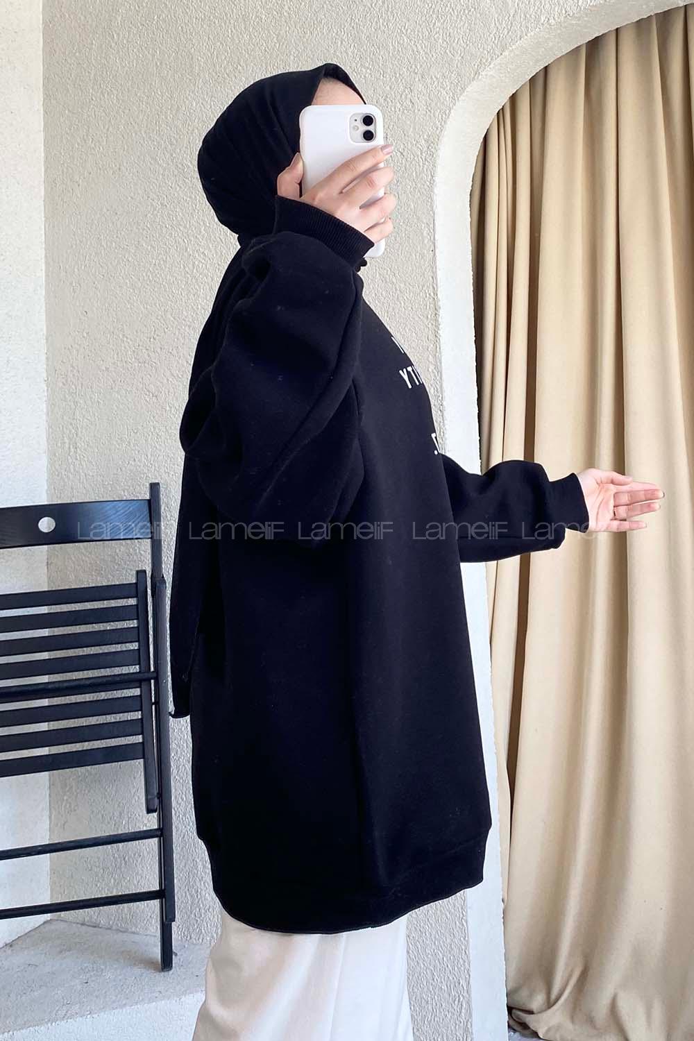 Modalamelif Yarım Balıkçı Yaka Yazı Baskılı Salaş Sweat Siyah