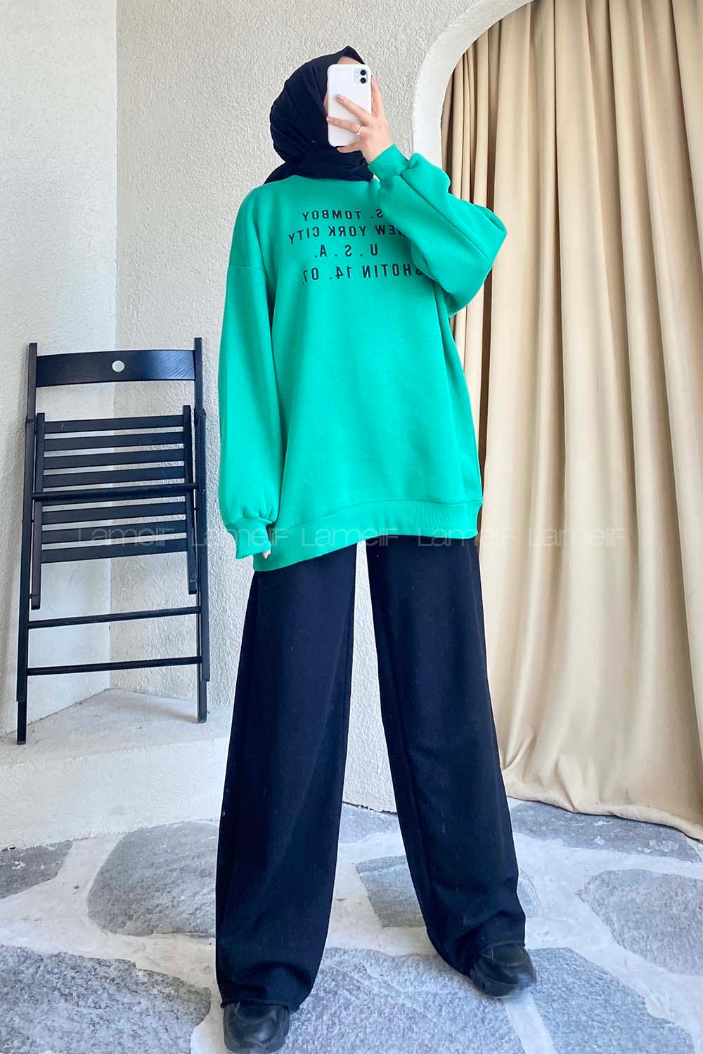 Modalamelif Yarım Balıkçı Yaka Yazı Baskılı Salaş Sweat Yeşil