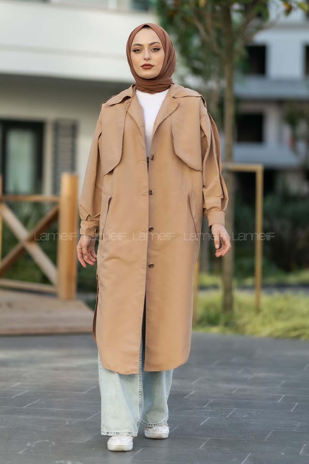 Modalamelif Yırtmaç Detaylı Önü Boydan Düğmeli Salaş Trenç Bej