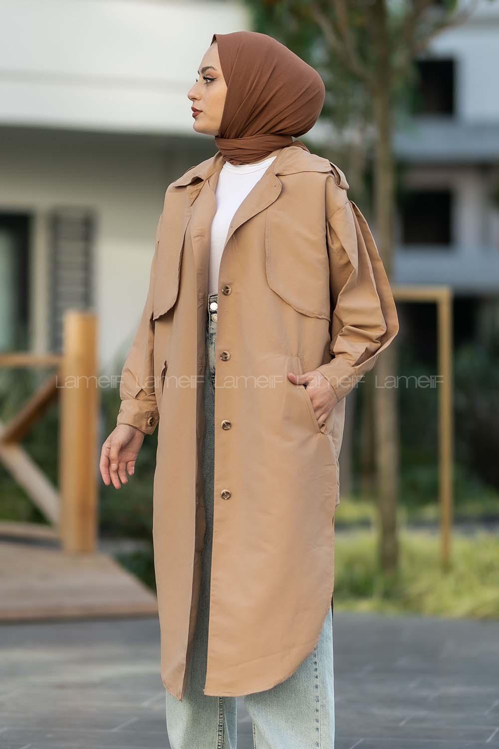 Modalamelif Yırtmaç Detaylı Önü Boydan Düğmeli Salaş Trenç Bej
